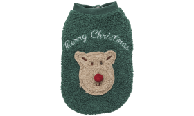 Vianočný Kabát s Gombíkmi pre Psy Zelený zapínací vianočný kabát pre psa s dizajnom chlpatého medvedíka na chrbte, prateľný, vyrobený z polyesteru.