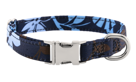 Obojok pre psy s gravírovanou prackou Modrý obojok pre psa s kvetinovým vzorom a kovovou prackou na gravírovanie mena, dĺžka 27 - 40 cm, s D-krúžkom.