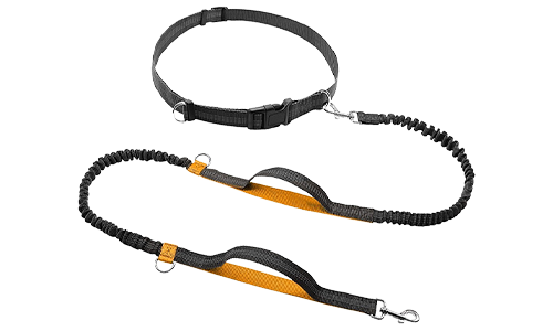 Zaťahovacie vodítko pre psy na beh Oranžové handsfree bežecké vodítko pre psa, dĺžka 70 - 120 cm, nastaviteľný opasok, polstrované rukoväte, reflexné prvky.