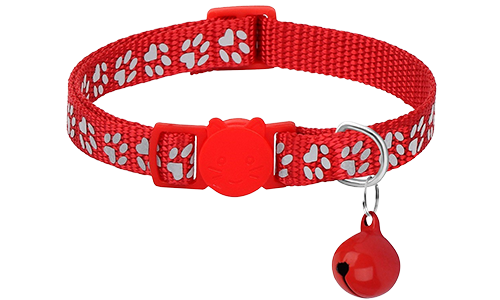 Reflexný obojok pre mačky so vzorom labiek Červený bezpečnostný obojok pre mačku s paw vzorom, nastaviteľný a ľahký, so strieborným zvončekom.