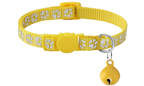 Žltý bezpečnostný obojok pre mačku s paw vzorom, nastaviteľný a ľahký, so strieborným zvončekom.