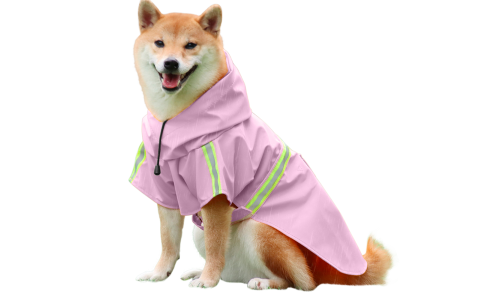 Shiba Inu v nepremokavom ružovom plášti s reflexnými pásmi, ľahko sa dá obliecť, ideálny na daždivé prechádzky.