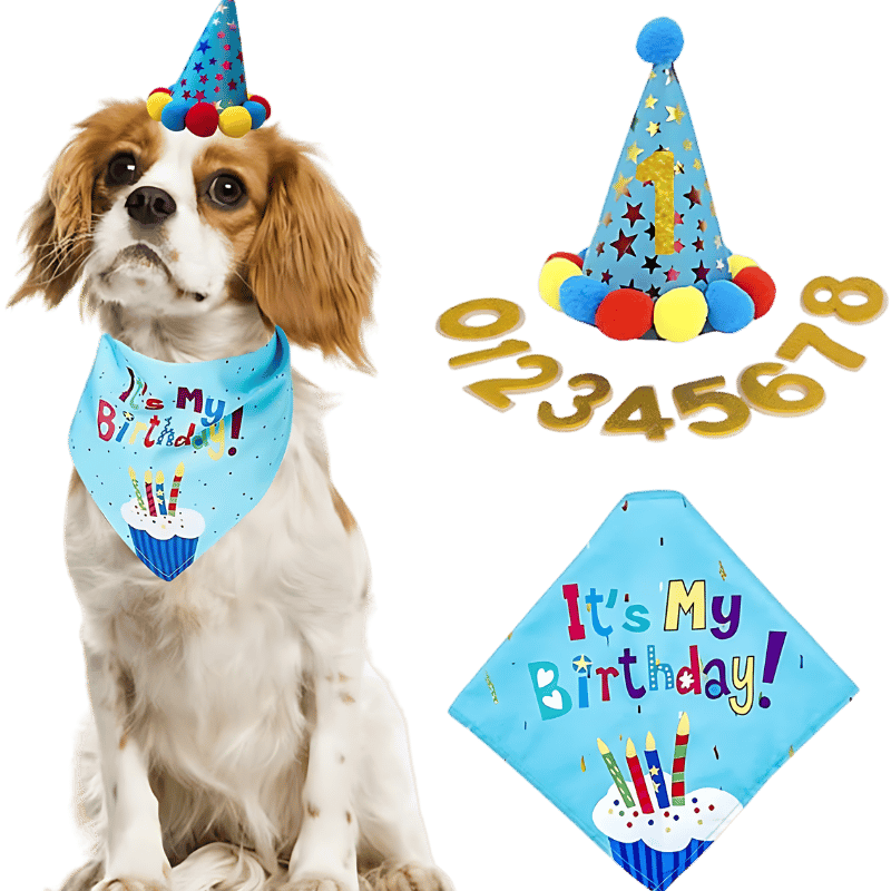 Sada šátků k Narozeninám Psa Modrý set na oslavu narodenín pre psa so zábavným bandánom s nápisom "It's My Birthday!", mäkký a odolný.