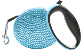 Luxusné štrasové samonavíjacie vodítko pre psa Modré luxusné samonavíjacie vodítko, trblietavé modré kamienky, čierna rukoväť, do 3 m, pohodlné a štýlové.