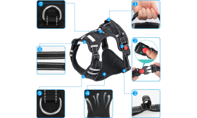 Postroj proti ťahaniu Detailný pohľad na postroj proti ťahaniu, malý, odolné pracky, reflexné šitie, priedušná sieťovina.